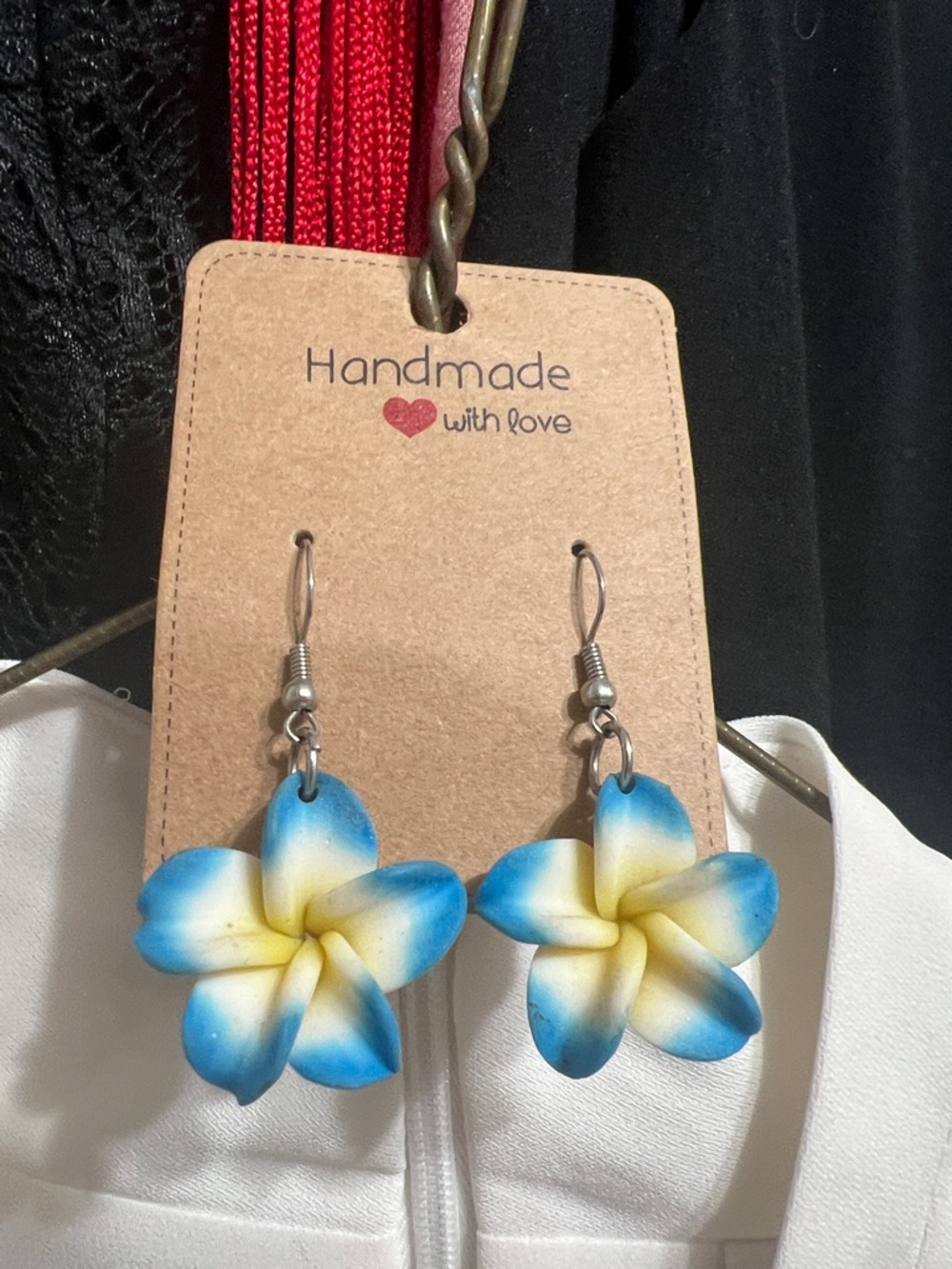 Handmade Blue & Yellow Plumeria Flower Earrings